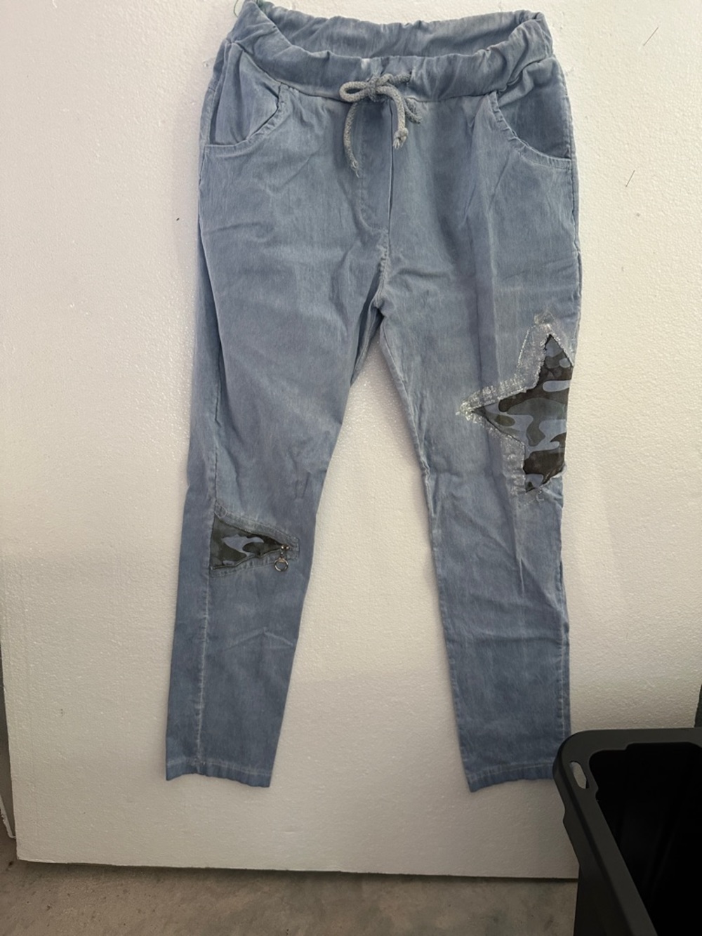 Light Blue Jogger Pants with Camo Star Patches